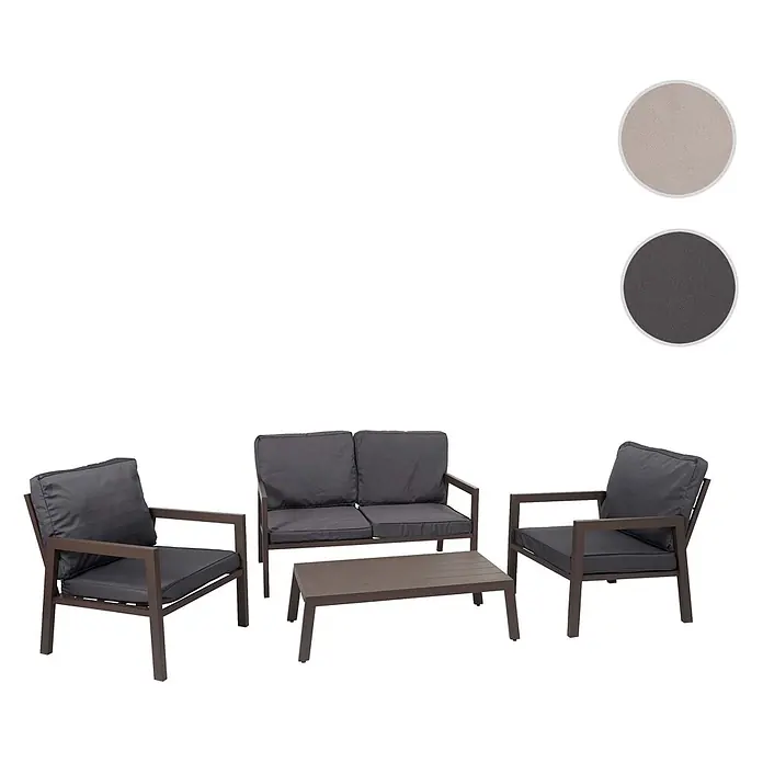 Mendler Loungemöbel-Set HWC-L64 - 4 -tlg., Metall, Polster grau, Grau - Gartenmöbel-Set mit dunkelbraunen Gestellen und dunkelgrauen Kissen, bestehend aus einem Zweisitzer-Sofa, zwei Sesseln und einem rechteckigen Couchtisch.