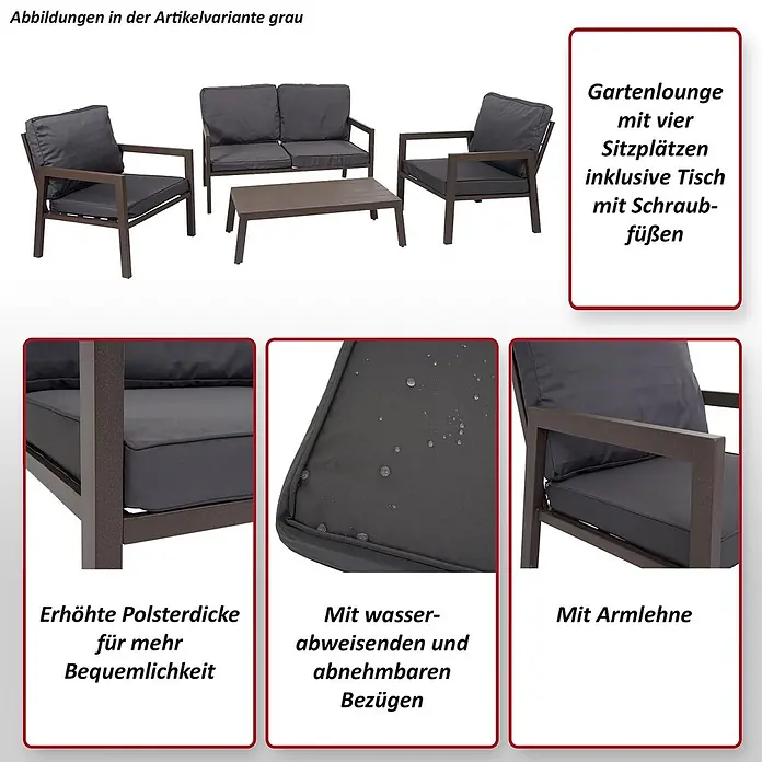 Mendler Loungemöbel-Set HWC-L64 - 4 -tlg., Metall, Polster grau, Grau - Graues Gartenlounge-Set mit 4 Sitzplätzen, inklusive Sofa, 2 Sesseln und Tisch mit wasserabweisenden Polstern und Armlehnen.