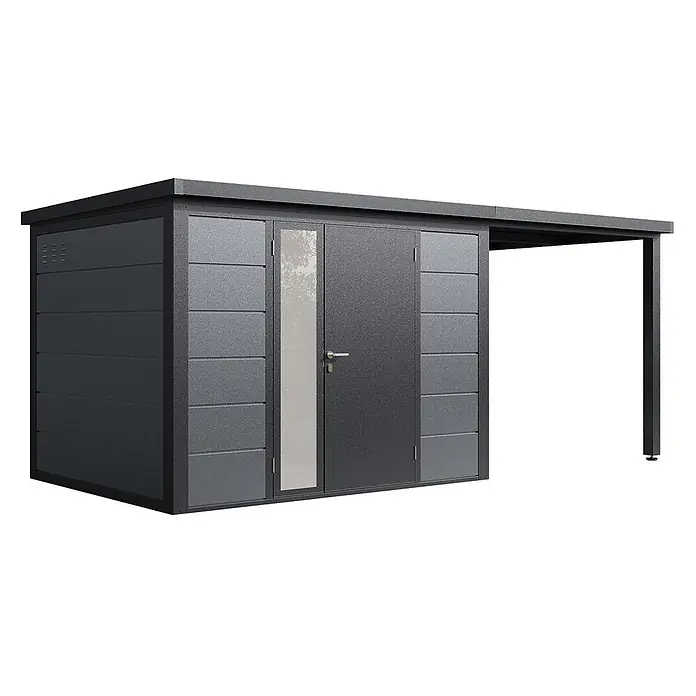 Wolff Finnhaus Gartenhaus Linnea Prime Line - Außenmaß inkl. Dachüberstand (B x T): 519 x 247 cm, Metall, Felsgrau - Dunkelgraues Metall-Gartenhaus mit integriertem Vordach und Doppeltüren, eine mit vertikalem Fenster.