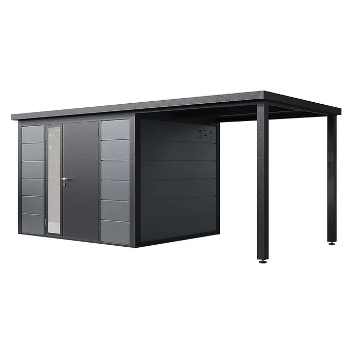 Wolff Finnhaus Gartenhaus Linnea Prime Line - Außenmaß inkl. Dachüberstand (B x T): 519 x 247 cm, Metall, Felsgrau - Dunkelgrauer Metall-Gartenschuppen mit integriertem Carport, inklusive abschließbarem Stauraum und offenem Überdachungsbereich.