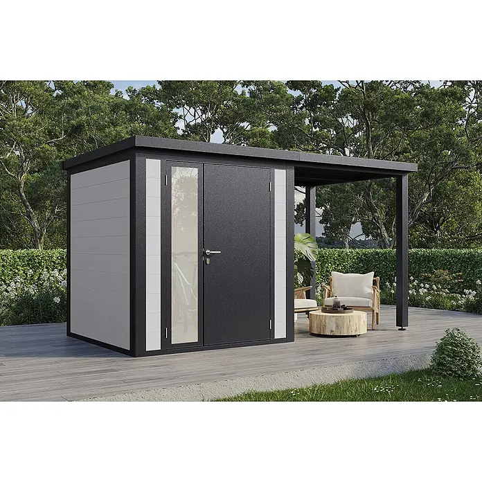 Wolff Finnhaus Gartenhaus Juna Prime Line - Außenmaß inkl. Dachüberstand (B x T): 400 x 220 cm, Verbundwerkstoff, Anthrazit - Modernes Gartenhaus in Grau und Schwarz mit Doppeltüren und integrierter Pergola für schattige Sitzgelegenheiten auf der Terrasse.