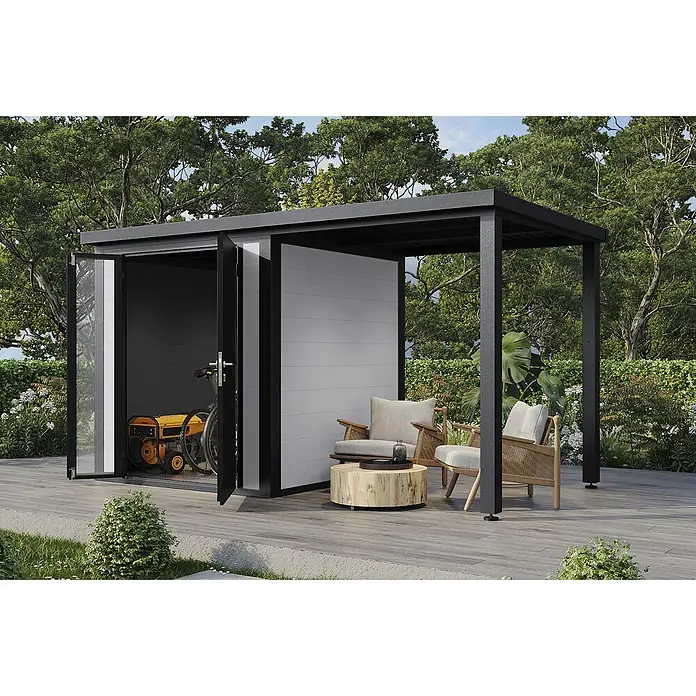 Wolff Finnhaus Gartenhaus Juna Prime Line - Außenmaß inkl. Dachüberstand (B x T): 400 x 220 cm, Verbundwerkstoff, Anthrazit - Moderner dunkelgrauer und hellgrauer Gartenschuppen mit Glastüren und integrierter Pergola, bietet Stauraum und einen Sitzbereich im Freien auf einer Terrasse.