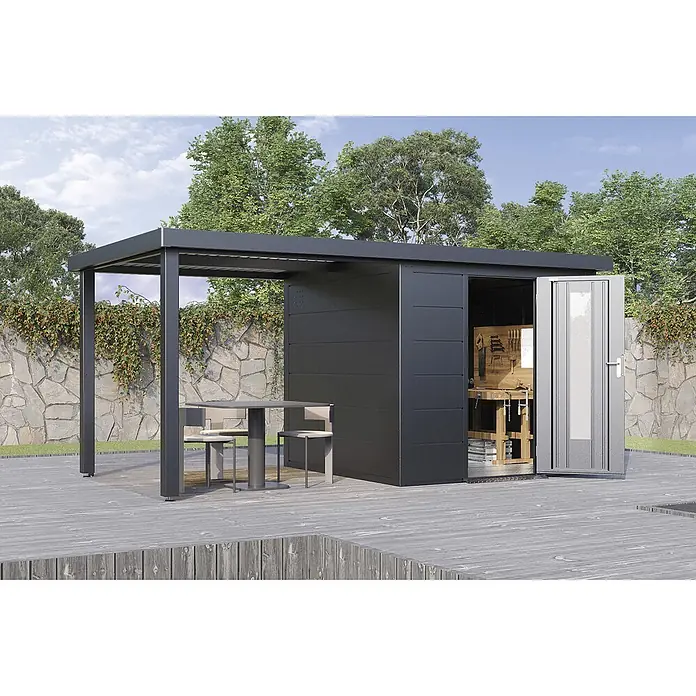 Wolff Finnhaus Gartenhaus Thorin Master Line - Außenmaß inkl. Dachüberstand (B x T): 489 x 272 cm, Metall, Anthrazit - Dunkelgraues, modernes Gartenhaus mit integrierter Pergola auf Holzdeck. Offener Werkstattbereich und Sitzplatz im Freien.