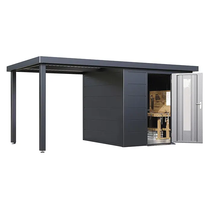 Wolff Finnhaus Gartenhaus Thorin Master Line - Außenmaß inkl. Dachüberstand (B x T): 489 x 272 cm, Metall, Anthrazit - Dunkelgraues Metall-Carport mit integriertem Geräteschuppen und Werkbankbereich. Die Schuppentür ist offen, Werkzeuge sind sichtbar.