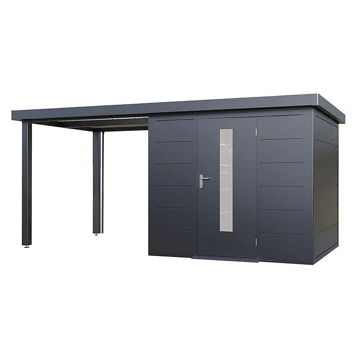 Wolff Finnhaus Gartenhaus Thorin Master Line - Außenmaß inkl. Dachüberstand (B x T): 489 x 272 cm, Metall, Anthrazit - Dunkelgraues Metall-Gartenhaus mit integriertem Carport.
