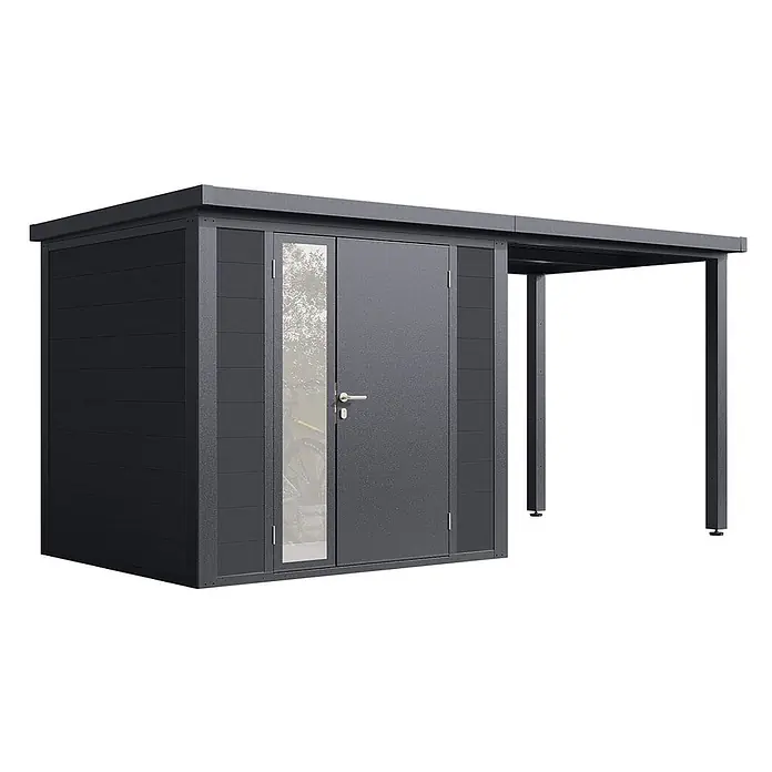 Wolff Finnhaus Gartenhaus Juna Prime Line - Außenmaß inkl. Dachüberstand (B x T): 460 x 220 cm, Verbundwerkstoff, Anthrazit - Dunkelgrauer Metall-Gartenschuppen mit Paneelen, Doppeltür (eine mit Fenster) und integriertem Carport.