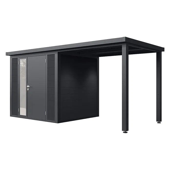 Wolff Finnhaus Gartenhaus Juna Prime Line - Außenmaß inkl. Dachüberstand (B x T): 460 x 220 cm, Verbundwerkstoff, Anthrazit - Anthrazitfarbenes Metall-Gerätehaus mit Flachdach und integriertem offenem Carport auf zwei Pfosten.