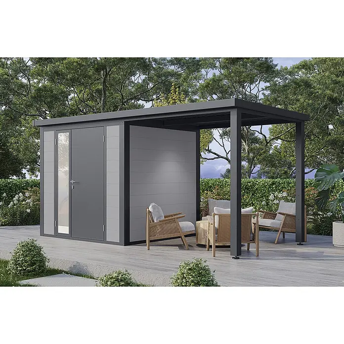 Wolff Finnhaus Gartenhaus Juna Prime Line - Außenmaß inkl. Dachüberstand (B x T): 460 x 220 cm, Verbundwerkstoff, Anthrazit - Moderner dunkel- und hellgrauer Geräteschuppen mit angebauter Pergola und Terrassensitzgelegenheiten für Lagerung und Entspannung im Garten.