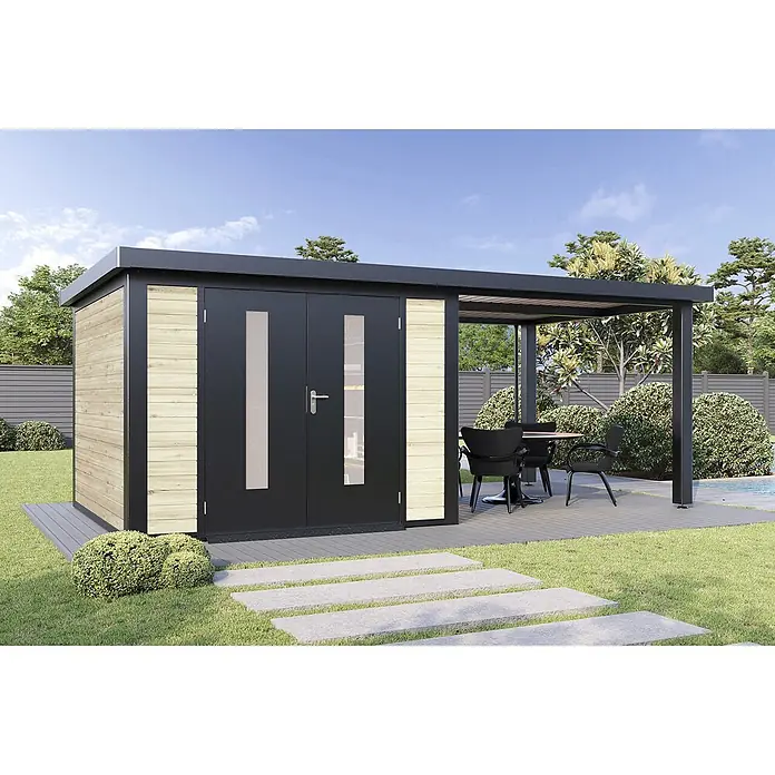 Wolff Finnhaus Gartenhaus Alvar Master Line - Außenmaß inkl. Dachüberstand (B x T): 610 x 332 cm, Holz, Naturhell - Moderner Gartenpavillon mit hellem Holz und dunklen Türen, integriertem Pergola und Deckbereich im Garten.