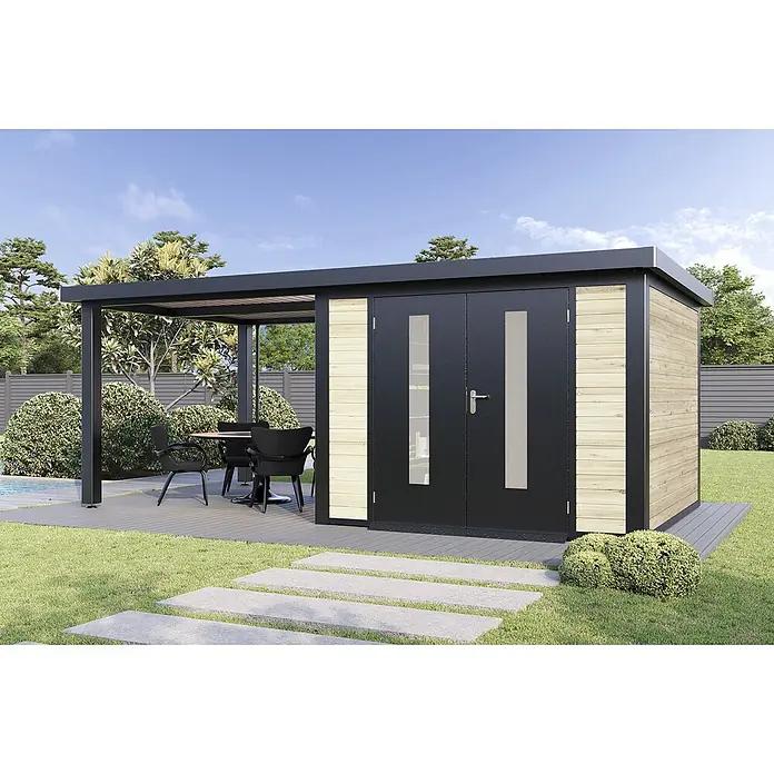 Wolff Finnhaus Gartenhaus Alvar Master Line - Außenmaß inkl. Dachüberstand (B x T): 610 x 332 cm, Holz, Naturhell - Moderner Gartenpavillon mit dunklem Rahmen, Holzpaneelen und integrierter Pergola, im Garten platziert.