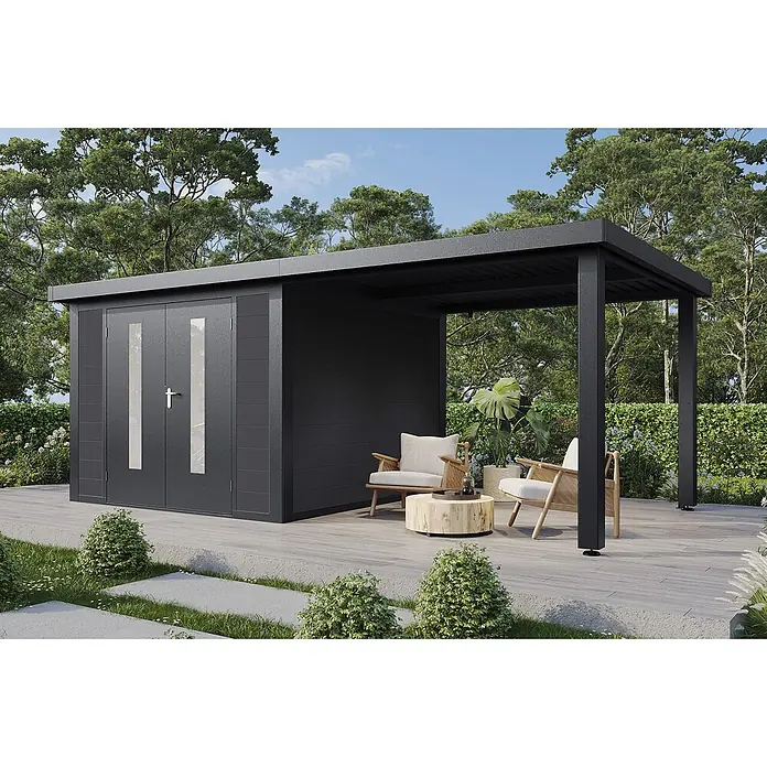 Wolff Finnhaus Gartenhaus Olin Master Line - Außenmaß inkl. Dachüberstand (B x T): 610 x 332 cm, Verbundwerkstoff, Anthrazit - Dunkelgraues Gartenhaus mit integrierter Pergola auf einer Terrasse, bietet Stauraum und einen schattigen Sitzbereich im Freien.