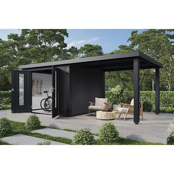 Wolff Finnhaus Gartenhaus Olin Master Line - Außenmaß inkl. Dachüberstand (B x T): 610 x 332 cm, Verbundwerkstoff, Anthrazit - Moderner schwarzer Gartenschuppen mit offenen Türen, Fahrrad und Werkzeugen, integriertem Pergola-Anbau für eine Sitzgelegenheit auf der Terrasse.