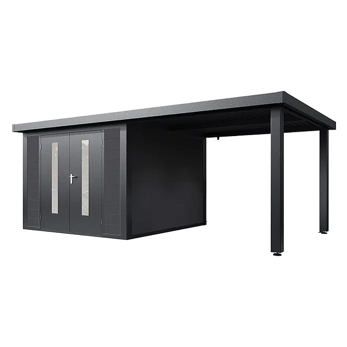 Wolff Finnhaus Gartenhaus Olin Master Line - Außenmaß inkl. Dachüberstand (B x T): 610 x 332 cm, Verbundwerkstoff, Anthrazit - Dunkelgrauer Geräteschuppen mit integriertem Carport. Doppeltüren mit durchsichtigen Paneelen, Seitenwand mit Lamellen.