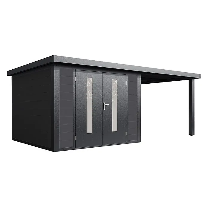Wolff Finnhaus Gartenhaus Olin Master Line - Außenmaß inkl. Dachüberstand (B x T): 610 x 332 cm, Verbundwerkstoff, Anthrazit - Moderner, dunkelgrauer Metall-Gartenschuppen mit Doppeltür, Glaspaneelen und integriertem Vordach.