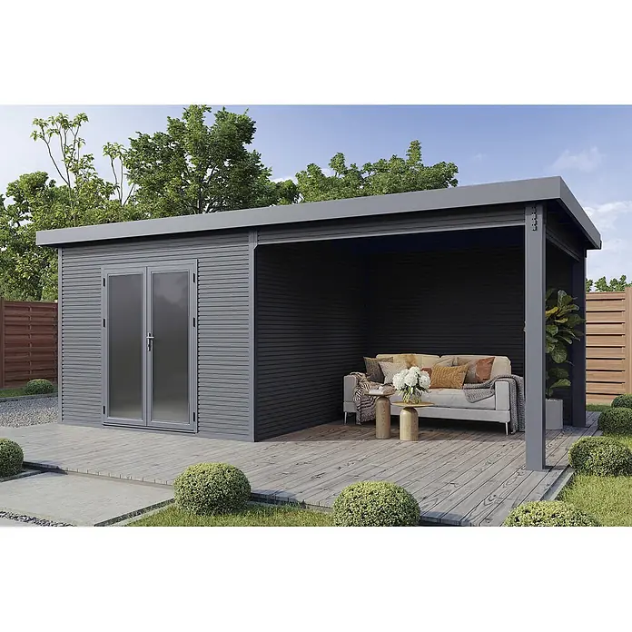 Wolff Finnhaus Gartenhaus Solaro Master Line - Außenmaß inkl. Dachüberstand (B x T): 637 x 340 cm, Verbundwerkstoff, Anthrazit - Modernes graues Gartenhaus mit dunklem Freisitz, möbliert für entspanntes Verweilen.