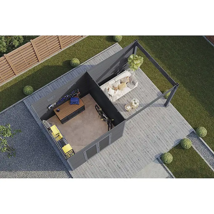 Wolff Finnhaus Gartenhaus Solaro Master Line - Außenmaß inkl. Dachüberstand (B x T): 637 x 340 cm, Verbundwerkstoff, Anthrazit - Dunkelgraues, modernes Gartenhaus mit integriertem Werkstatt-/Lagerbereich und Außenlounge auf Holzterrasse.