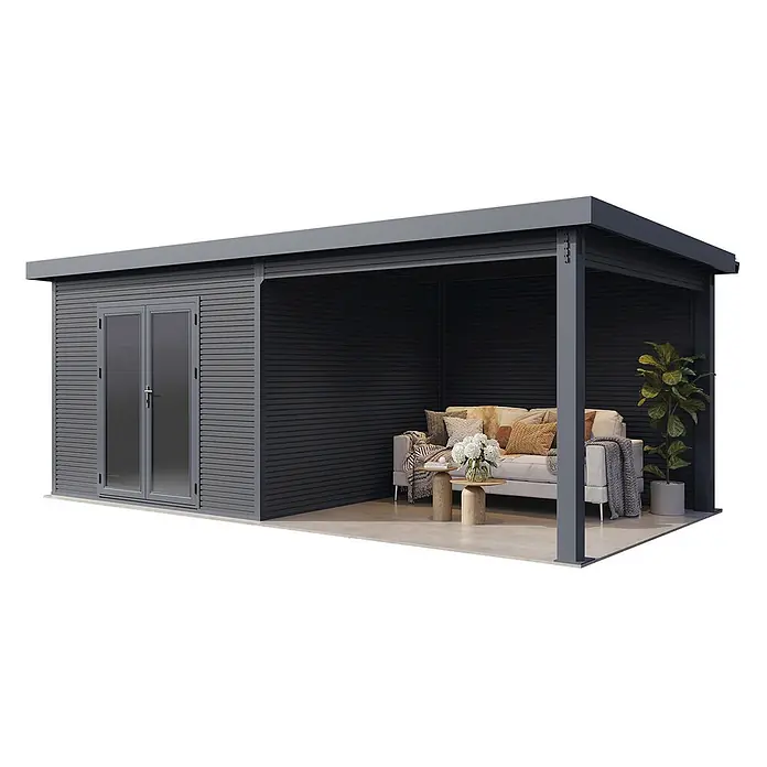 Wolff Finnhaus Gartenhaus Solaro Master Line - Außenmaß inkl. Dachüberstand (B x T): 637 x 340 cm, Verbundwerkstoff, Anthrazit - Moderner dunkelgrauer Geräteschuppen mit integriertem offenem Loungebereich, möbliert.