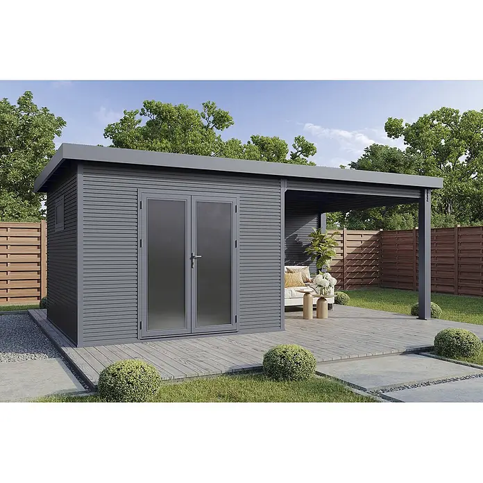 Wolff Finnhaus Gartenhaus Solaro Master Line - Außenmaß inkl. Dachüberstand (B x T): 637 x 340 cm, Verbundwerkstoff, Anthrazit - Moderner dunkelgrauer Geräteschuppen mit integrierter Pergola auf Holzterrasse im Garten.