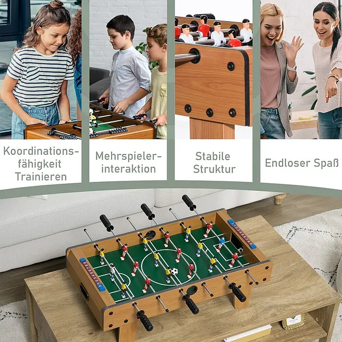 Homcom Tischkicker - L x B x H: 69 x 36,5 x 22 cm, Naturholz - Kompakter Kickertisch aus Holz mit grünem Spielfeld und bunten Spielern, der von Kindern und Erwachsenen für Mehrspieler-Spaß und Koordinationstraining genutzt wird.