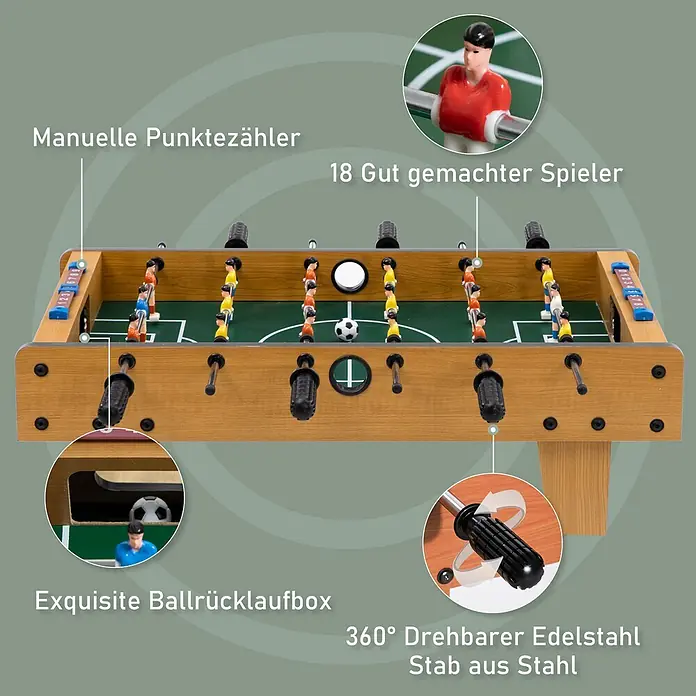 Homcom Tischkicker - L x B x H: 69 x 36,5 x 22 cm, Naturholz - Kompakter Kickertisch in Holzoptik mit manuellen Punktezählern und 360° drehbaren Spielerstäben aus Stahl. Mit detaillierten Spielfiguren und Ballrücklauf.