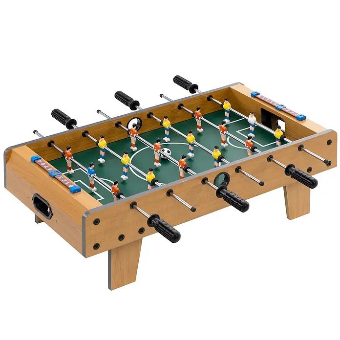 Homcom Tischkicker - L x B x H: 69 x 36,5 x 22 cm, Naturholz - Miniatur-Tischfußballspiel mit hellem Holzrahmen, grünem Spielfeld, schwarzen Griffen und bunten Spielerfiguren. Inklusive Punktezähler.