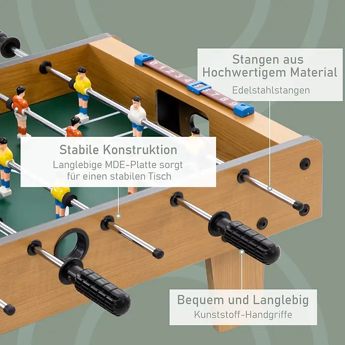 Homcom Tischkicker - L x B x H: 69 x 36,5 x 22 cm, Naturholz - Nahaufnahme eines Kickertisches mit robuster MDF-Konstruktion, Edelstahlstangen, Kunststoffgriffen und blauem Punktezähler.