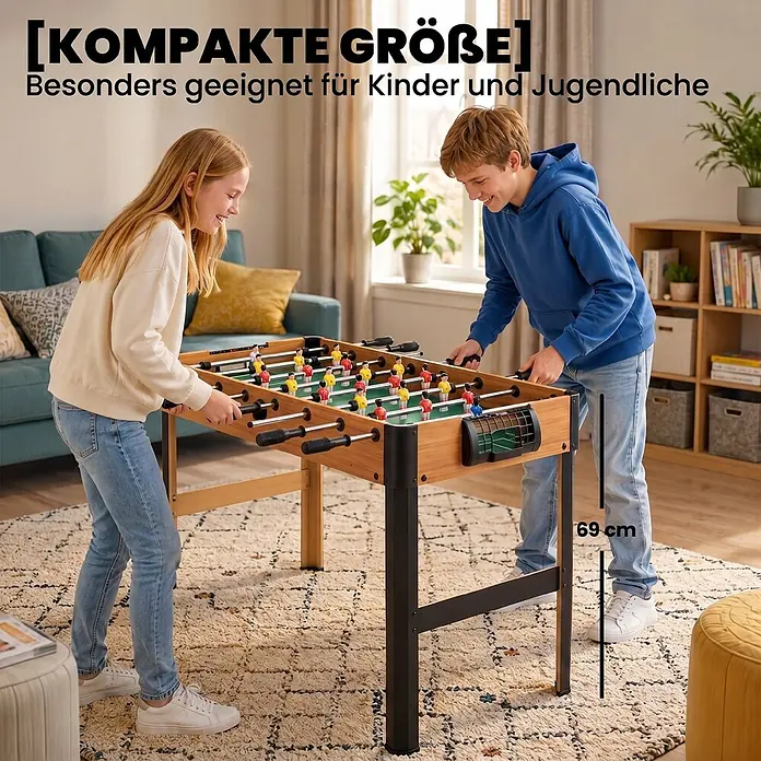 HOMCOM-Tischkicker-118L x 104B x 69H cm -  - Zwei Kinder spielen an einem kompakten Kicker aus Holz mit schwarzen Beinen, 69 cm hoch, ideal für Kinder und Jugendliche.