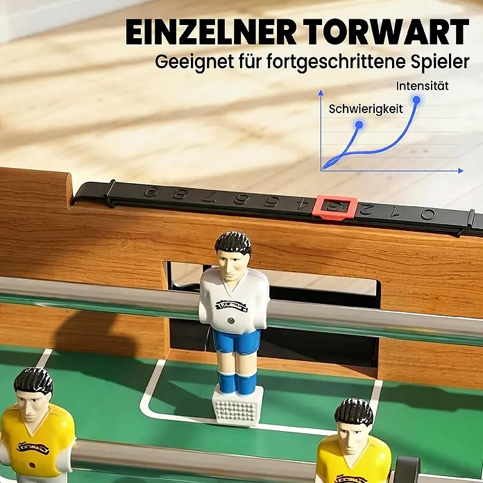 HOMCOM-Tischkicker-118L x 104B x 69H cm -  - Kicker mit einem einzelnen weißen Torwart und gelben Spielern auf grünem Feld, schwarze Anzeigetafel zeigt Punktestand 6.