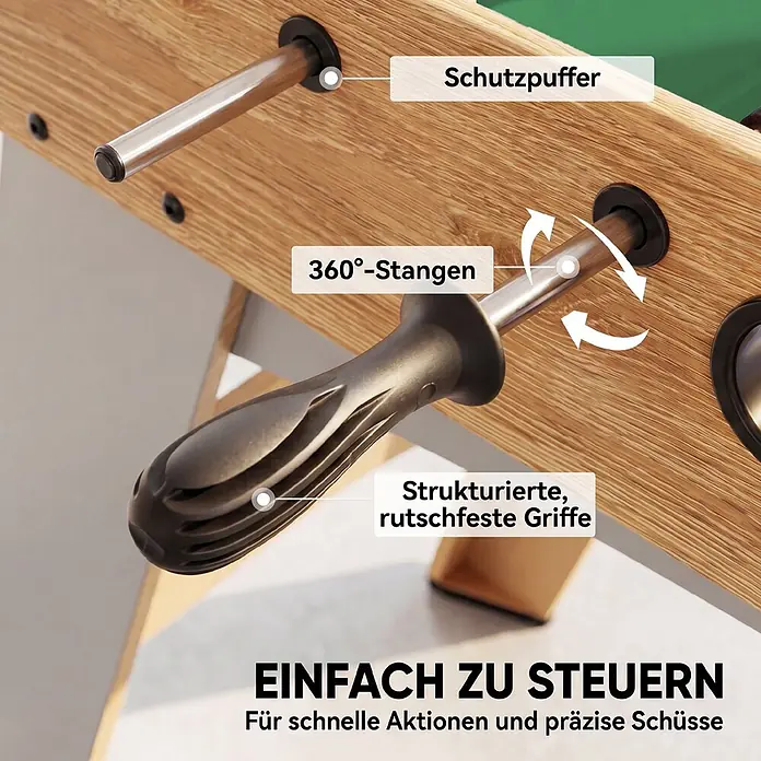 Sportnow Tischkicker - L x B x H: 121 x 87 x 77 cm, Naturholz - Kickerstange mit strukturiertem, rutschfestem Griff, 360°-Drehung und Schutzpuffern.