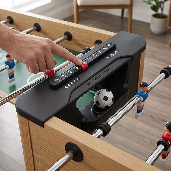 Sportnow Tischkicker - L x B x H: 121 x 87 x 77 cm, Naturholz - Hand stellt Punktezähler an einem hellen Holzkicker mit schwarzer Anzeigetafel und Fußball im "Easy Access Opening" ein.
