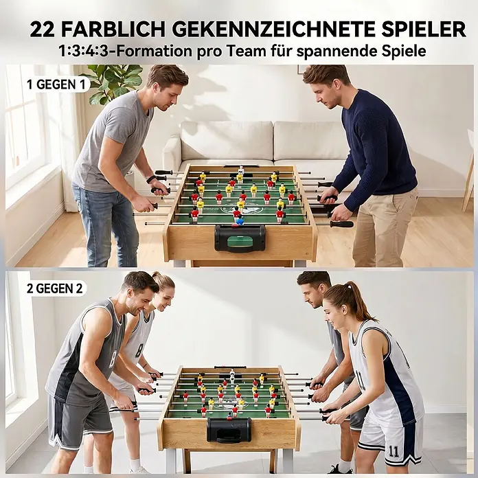 Sportnow Tischkicker - L x B x H: 121 x 87 x 77 cm, Naturholz - Holzkicker mit 22 farblich gekennzeichneten Spielern in 1:3:4:3-Formation, gezeigt im 1-gegen-1 und 2-gegen-2 Spiel.