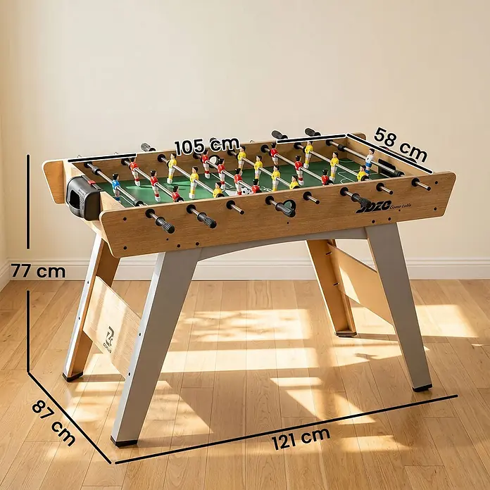Sportnow Tischkicker - L x B x H: 121 x 87 x 77 cm, Naturholz - Hölzerner Kickertisch mit grauen Beinen und roten/gelben Spielern, Maße: 121x87x77 cm (LxBxH).