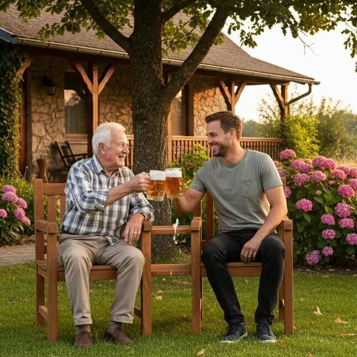 Bene Living Gartenbank Feierabend - Teakholz, Natur - Zwei Männer genießen Getränke auf Gartenstühlen aus Naturholz.