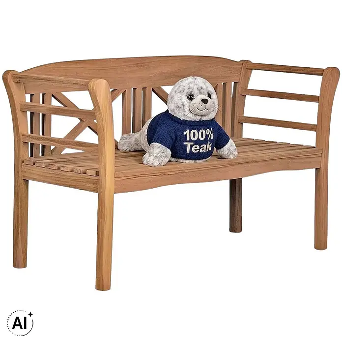 Bene Living Gartenbank Föhr - Teakholz, Natur - Teak-Gartenbank mit geschwungener Rückenlehne und Armlehnen, verziert mit einem Plüschrobben im „100% Teak“-Pullover.