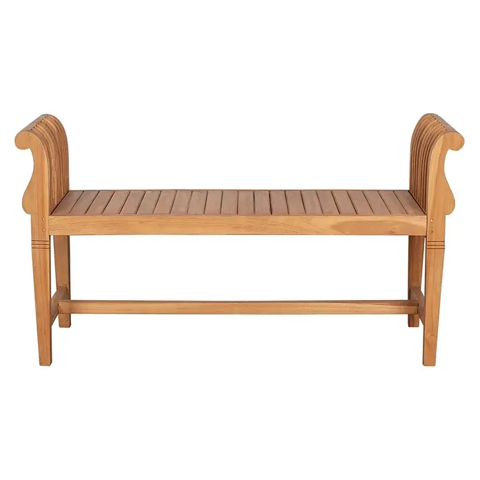 Gartenbank Wigan Teak 130cm ohne Rückenlehne -  - Helle Holzbank mit Lattenrostsitz und geschwungenen Armlehnen.