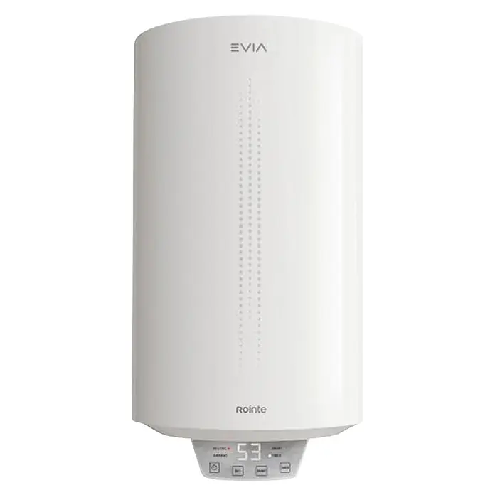 Rointe Termo eléctrico Evia - 50 l, 1.500 W - Calentador de agua eléctrico cilíndrico blanco con pantalla digital y marcas "EVIA" y "Rointe".