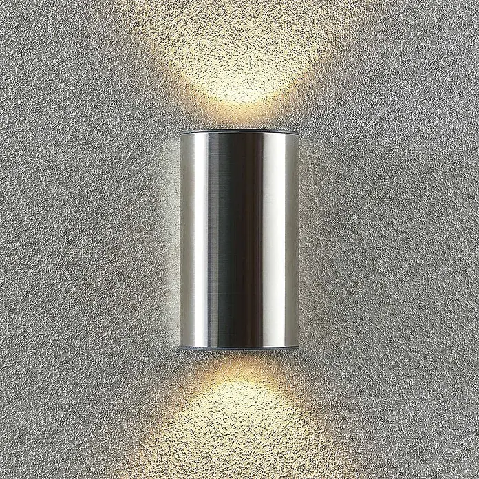 Prios Außenwandleuchte Zavallina - alu / grau / zink, IP54 - Zylindrische Wandleuchte aus gebürstetem Edelstahl, die warmes Licht nach oben und unten abstrahlt.
