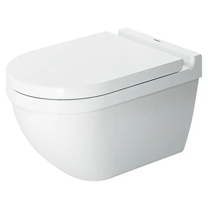 Duravit Starck 3 Wand-WC-Set - Spülrandlos, Mit antibakterieller Glasur, Spülform: Tief, WC Abgang: Waagerecht, Weiß - Eine Nahaufnahme einer modernen, wandhängenden Toilette in Weiß, die ein sauberes und minimalistisches Design zeigt.