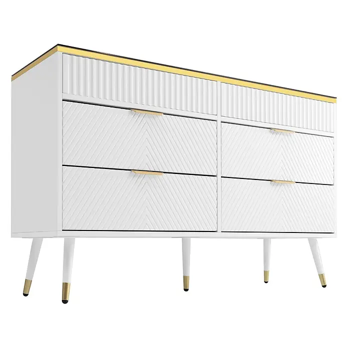 SONNENH Kommode mit 6 Schubladen und Glasauflage, Weiß -  - Weiße Kommode mit strukturierten Schubladenfronten, goldenen Griffen und konischen Beinen mit goldenen Spitzen.