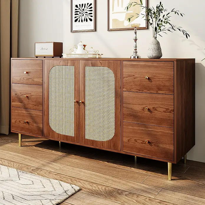 SONNENH Kommode - Holzoptik, Anzahl Schubladen: 6 Stk. - Dunkles Sideboard aus Holz mit Wiener Geflecht Türen und Messingakzenten, mit mehreren Schubladen.