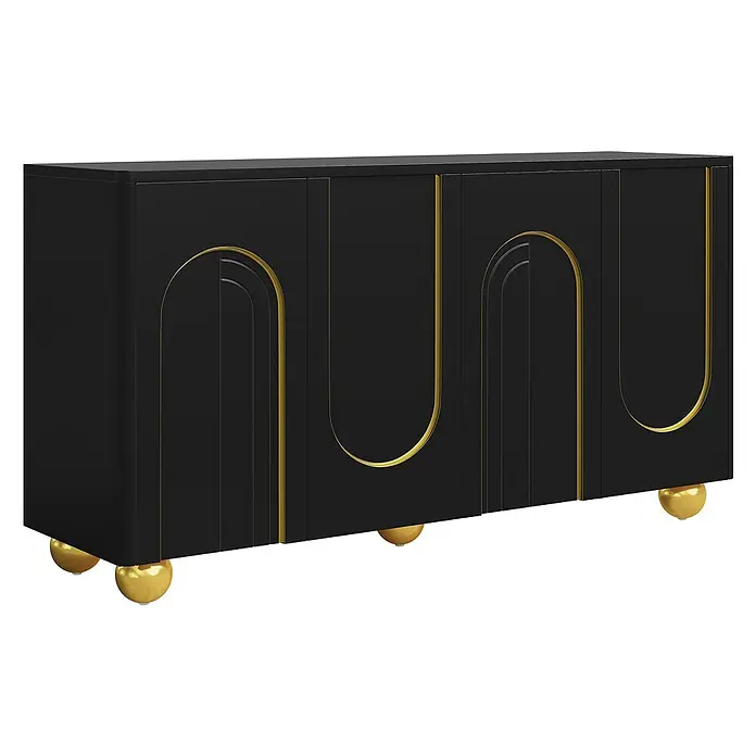 SONNENH Kommode - Schwarz/Gold - Schwarzes Sideboard mit goldenen Bogendetails an den Türen und goldenen Kugelfüßen.