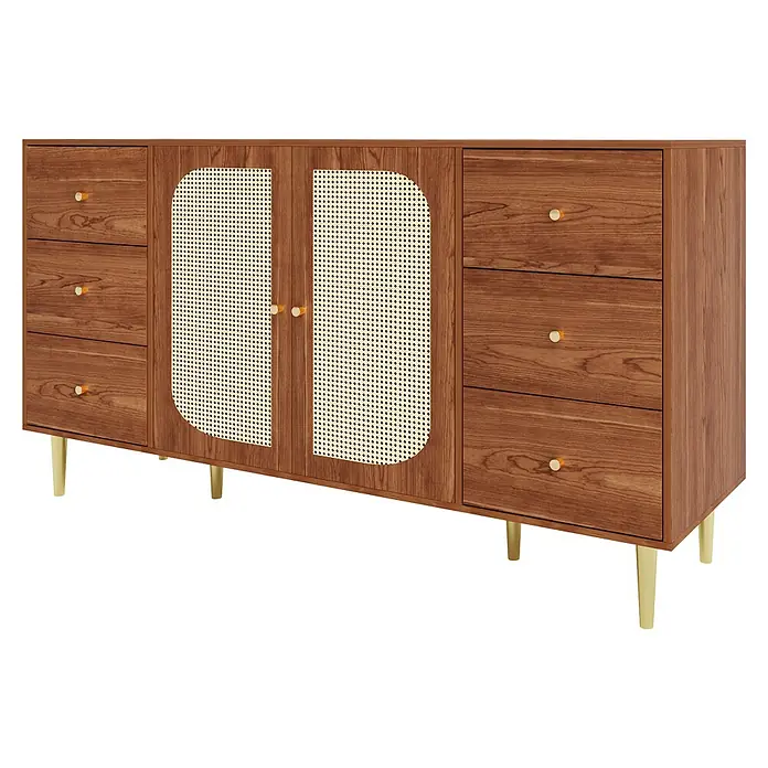 SONNENH Kommode - Holzoptik, Anzahl Schubladen: 6 Stk. - Braunes Holz-Sideboard mit Rattan-Schranktüren, mehreren Schubladen und goldenen Griffen und Beinen.