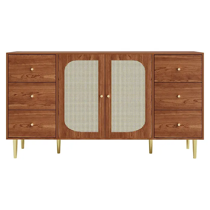 SONNENH Kommode - Holzoptik, Anzahl Schubladen: 6 Stk. - Braunes Sideboard aus Holz mit 6 Schubladen, 2 mittigen Rattan-Türen, goldenen Griffen und konischen Beinen.