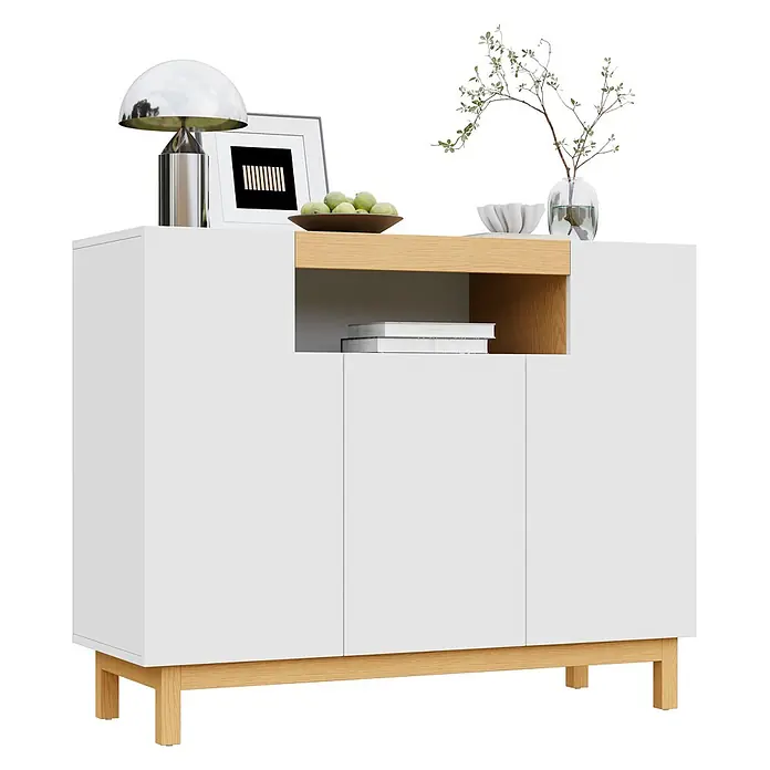 SONNENH Kommode - Weiß/Natur - Weißes Sideboard mit hellen Holzdetails und -beinen, mit einem zentralen offenen Fach für Stauraum und Dekoration.