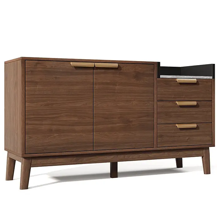 SONNENH Kommode - Eiche/Marmoroptik, Anzahl Schubladen: 3 Stk. - Nussholz-Sideboard mit zwei Türen, drei Schubladen, goldfarbenen Griffen und offenem Seitenfach.