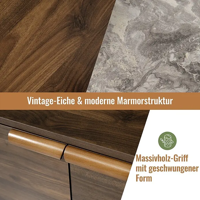 SONNENH Kommode - Eiche/Marmoroptik, Anzahl Schubladen: 3 Stk. - Möbelstück mit Vintage-Eiche und moderner Marmorstruktur sowie geschwungenem Massivholz-Griff.