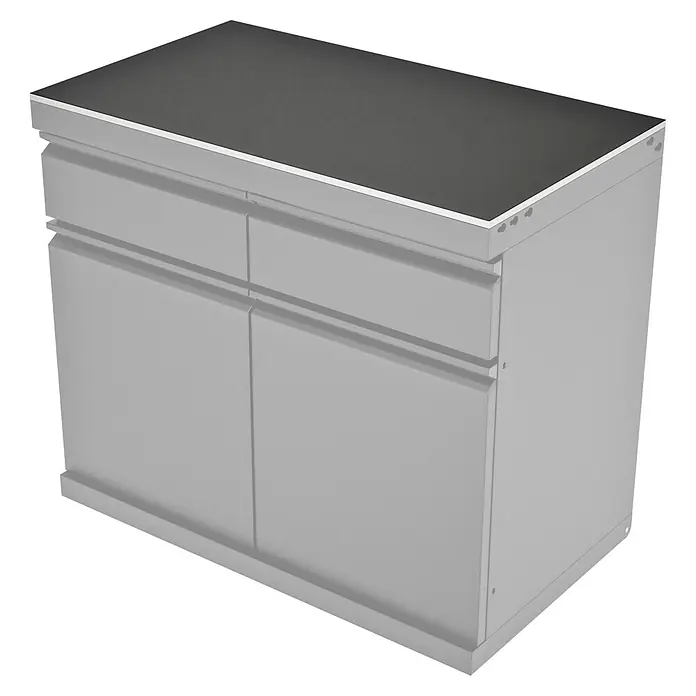 Kingstone Cube Arbeitsplatte - Sintered Stone, Passend für: Kingstone Cube Outdoorküchen-Modul Doppelschrank - Grauer zweitüriger Schrank mit zwei Schubladen und dunkelgrauer Platte zur Aufbewahrung.