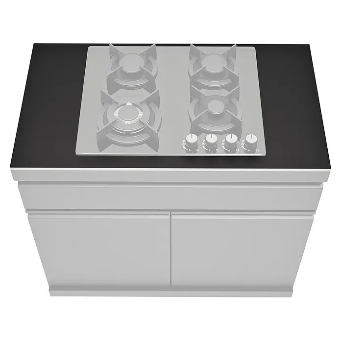 Kingstone Cube Arbeitsplatte - Sintered Stone, Passend für: Kingstone Cube Outdoorküchen-Modul Gaskochfeld - Eine schwarze Arbeitsplatte mit eingebautem Gasherd mit vier Brennern, silbernen Rosten und Bedienknöpfen auf einem hellgrauen Unterschrank.