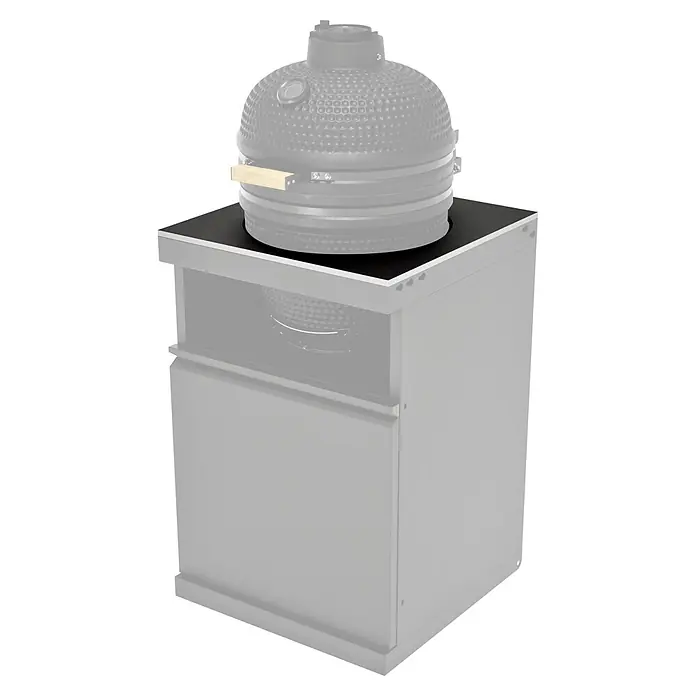 Kingstone Cube Arbeitsplatte - Sintered Stone, Passend für: Kingstone Cube Holzkohlegrill Kamado - Grauer Wasserspender-Schrank mit schwarzer Platte, darauf eine große klare Plastikwasserflasche.