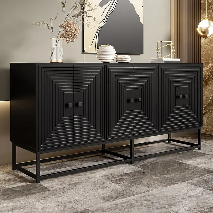 SONNENH Kommode - Schwarz - Schwarzes modernes Sideboard mit vier strukturierten Türen mit quadratischem Muster und schlankem Metallgestell, ideal für Wohnzimmerstauraum.